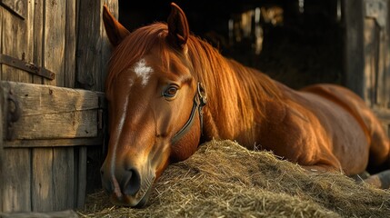 Chestnut horse resting in a rustic wooden stable, sunlight illuminating its coat.