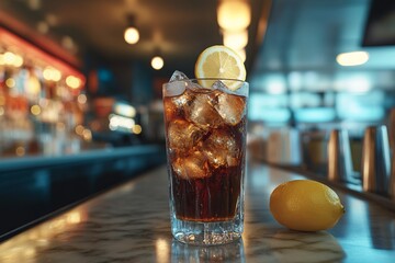 Refreshing Glass of Cola with Ice and Lemon in a Modern American Diner. AI generated illustration