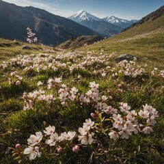 Obraz premium A mountain meadow with cherry blossoms scattered across the hillside.