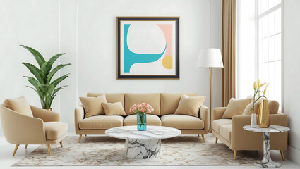 Minimalist interior design of a modern living room with a brown white sofa. White wall mock up....