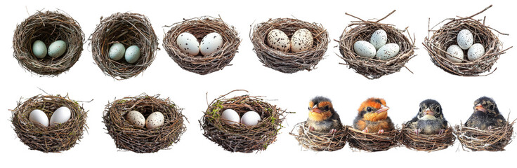 Obraz premium Bird nests with eggs and chicks in various stages of development