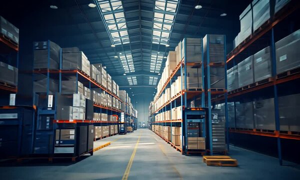 A warehouse filled with various packaged goods. Large warehouse with boxes on shelves.
