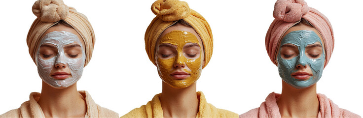 Three women with facial masks and wels on their heads