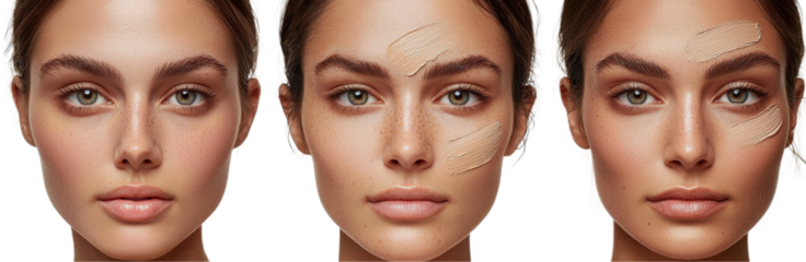 Three women with natural makeup and foundation swatches on their faces