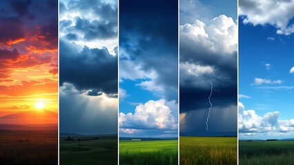 Weather transitions showing different atmospheric conditions including rain, sunlight, clouds, and clear skies in vibrant colors Nature showcases diverse weather systems harmoniously