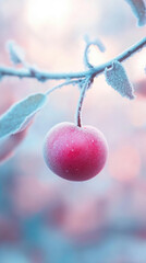 A single red berry hanging on a frosted branch, with a blurred wintry background in pastel tone