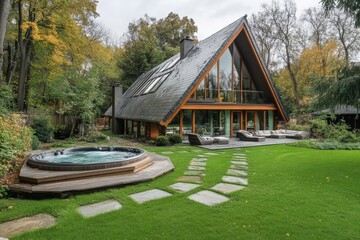 Fototapeta premium an A-frame house with glass windows and a dark gray metal roof. In the garden