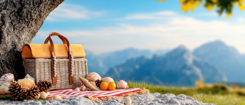 [Outdoor picnics outings adventure experience] Rustic Mountain Picnic Scene with Tree & Hut Under Blue Sky