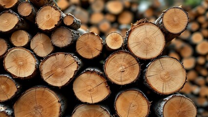 Rustic woodpile and logs in natural setting with green bush in background