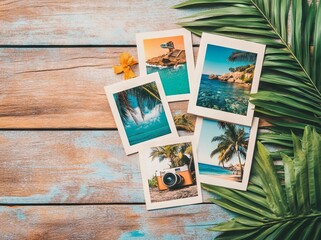 Polaroid vacation and travel photos on wooden surface. AI generated illustration