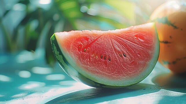 Juicy watermelon slice on a teal surface, sunlight.