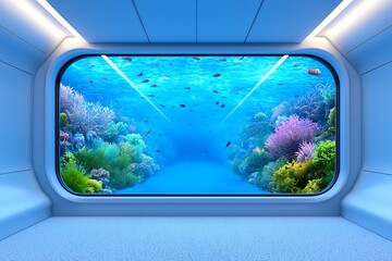 Naklejka premium Futuristic Underwater Train Concept with Passengers and Marine Life Surrounding