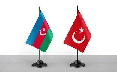 Image of the table flag of Azarbaijan and Turkey countries. White background. Close-up flags. High...