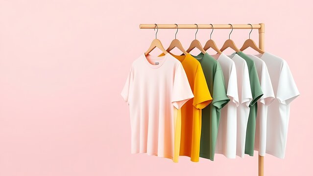 Colorful tshirts hanging on wooden hanger in fashionable display on gray background