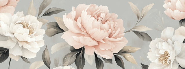A soft and romantic floral pattern featuring peonies in blush pink, surrounded by faded green leaves on a pastel gray background