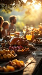 Fototapeta premium Thanksgiving turkey centerpiece with family silhouettes in bokeh