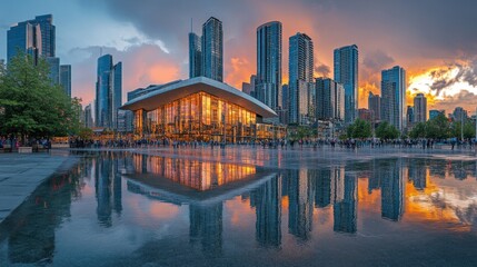 Naklejka premium Stunning Cityscape at Dusk with Skyscrapers, Reflection Pool, and Dramatic Sky