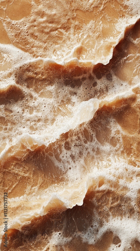 Poster smooth brown mocha sand flows across the shore, kissed by foamy waves. the tranquil atmosphere evoke