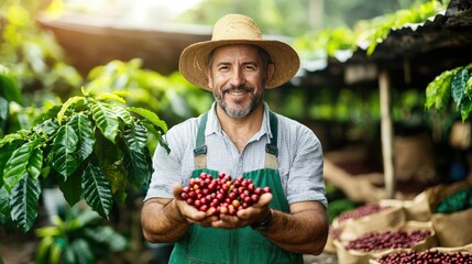 A proud Brazilian farmer holding a handful of ripe coffee cherries, surrounded by lush green coffee plants and showcasing the hard work behind sustainable coffee farming.