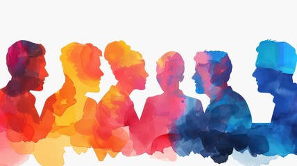 Abstract watercolor silhouettes of people engaged in a lively discussion, featuring vibrant hues of red, orange, yellow, and blue.