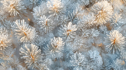 A soft-focus shot of frost-covered pine needles, with glistening crystals catching the muted light