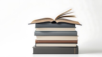 Books stacked with an open book on top, showcasing a vibrant literary theme against a light gray background, perfect for education or knowledge concepts