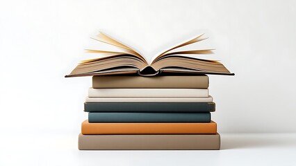 Fototapeta premium Books stacked with an open book on top, showcasing a vibrant literary theme against a light gray background, perfect for education or knowledge concepts