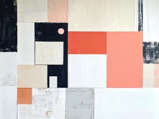 Geometric abstract artwork with blocks of muted colors, including white, black, and coral, on a textured background.
