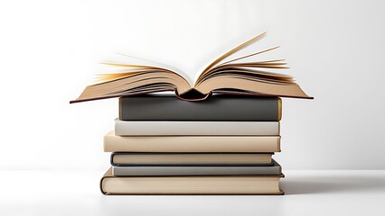 Books stacked with an open book on top, showcasing a vibrant literary theme against a light gray background, perfect for education or knowledge concepts