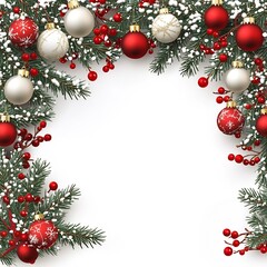Festive Christmas Banner Card with Elegant Pine Wreath and Vibrant Ornaments in Decorative Floral Frame