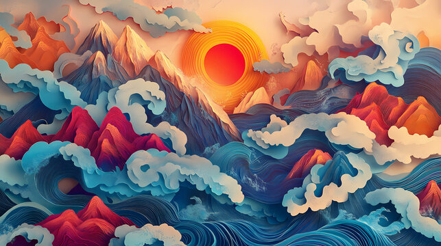 Harmonious paper cut feng shui artwork with bright detailed imagery in. Harmonic. Illustration