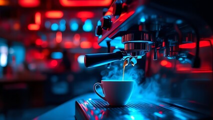 Coffee, espresso, brewing, barista, cafe, beverage, machine, steam, kitchen, red lighting, dark background, delicious, hot drink, professional equipment, gourmet, lifestyle, coffee shop ambiance, mod