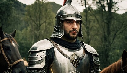 Knight in Shining Armor Standing Beside Horses in a Forested Area During Daylight