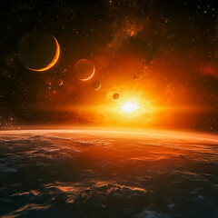 Spectacular sunrise illuminating a cluster of planets in deep space