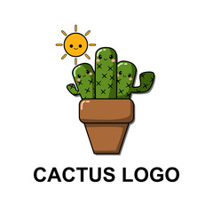 Cactus logo cartoon so cute. On sun white background. Vector illustration. 