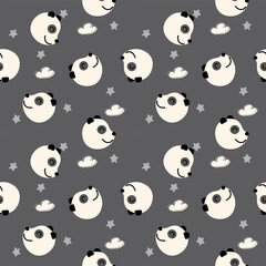 Face panda smile cartoon so cute. On cloud star gray background. Pattern seamless vector illustration. 
