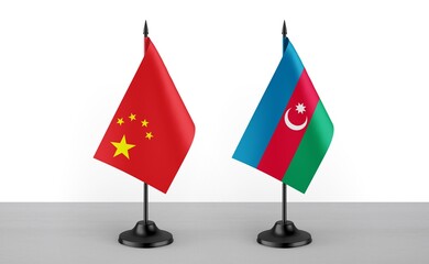 Image of the table flag of China and Azarbaijan countries. White background. Close-up flags. High...