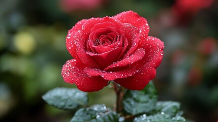 Intense red rose with sparkling water drops creating a dramatic visual impact