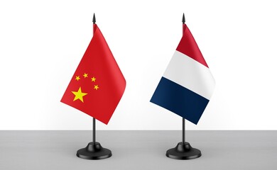 Image of the table flag of China and France countries. White background. Close-up flags. High...
