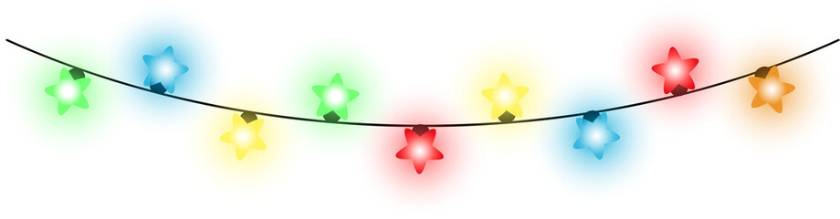 Garland with light bulbs in the shape of stars, bright illumination