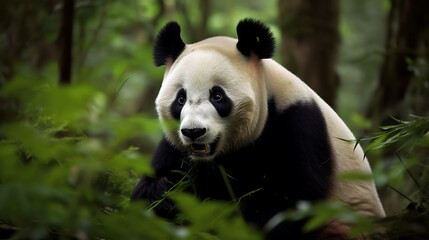 Fototapeta premium Giant Panda Eating Bamboo In Lush Forest Habitat