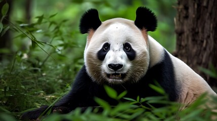 Obraz premium Giant Panda Resting Among Lush Green Bamboo