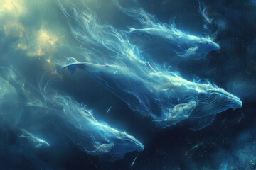 Fototapeta premium white smoky ghosts of giant space whales in the night sky,. 
