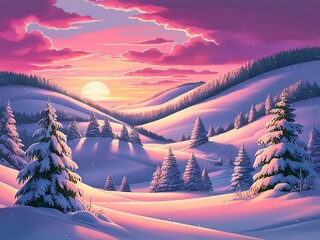 idyllic winter landscape at sunset. The scene should feature rolling snow-covered hills dotted with evergreen trees, their branches heavy with fresh snow