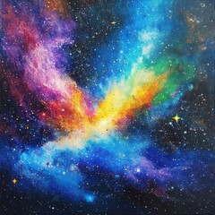 Fototapeta premium Bright, colorful nebula with radiant hues of purple, yellow, and blue, illustrating the grandeur of space exploration. 