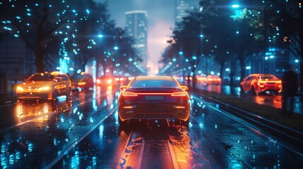 Night city street, rain, cars, lights.