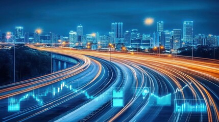 Obraz premium Vibrant City Skyline with Illuminated Highway and Traffic Trails at Night