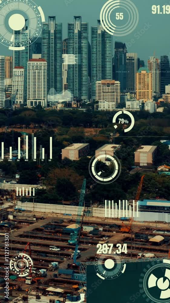 Poster construction technology concept with alteration graphic over construction site showing concept of au