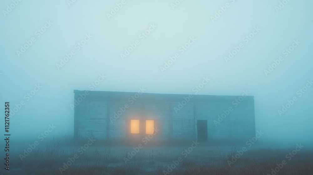 Poster Foggy field, illuminated building, mysterious scene.