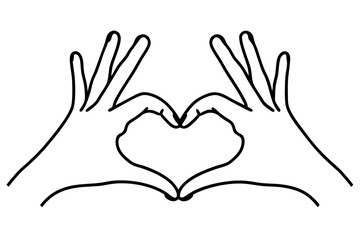 Line art drawing of hands showing love sign. Hand drawn outline vector illustration of heart shape. Romantic concept